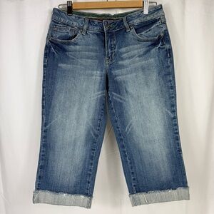 725 Original Capri Jean Women Elastic Waist Sz 11 Blue Denim Flip Cuff Raw Edge